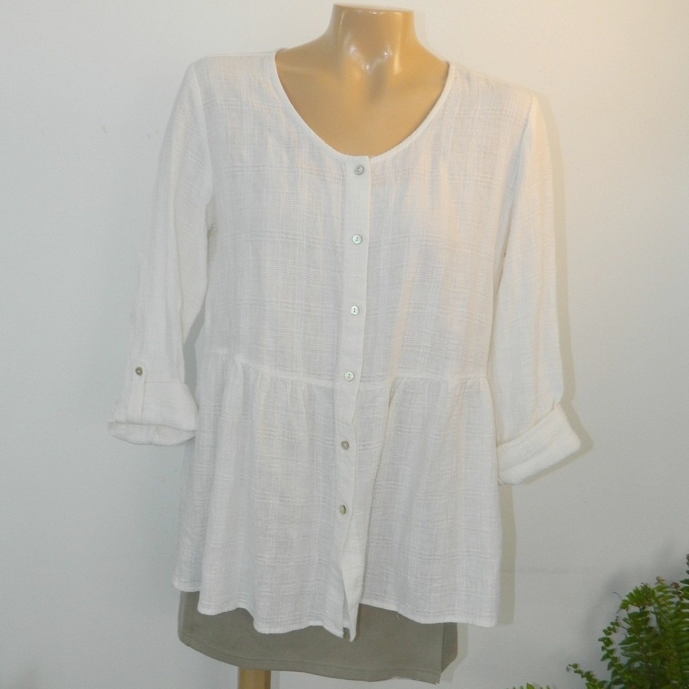 Sigrid Olsen Peplum Top Women Small White Linen Cotton Button Down Scoop Neck